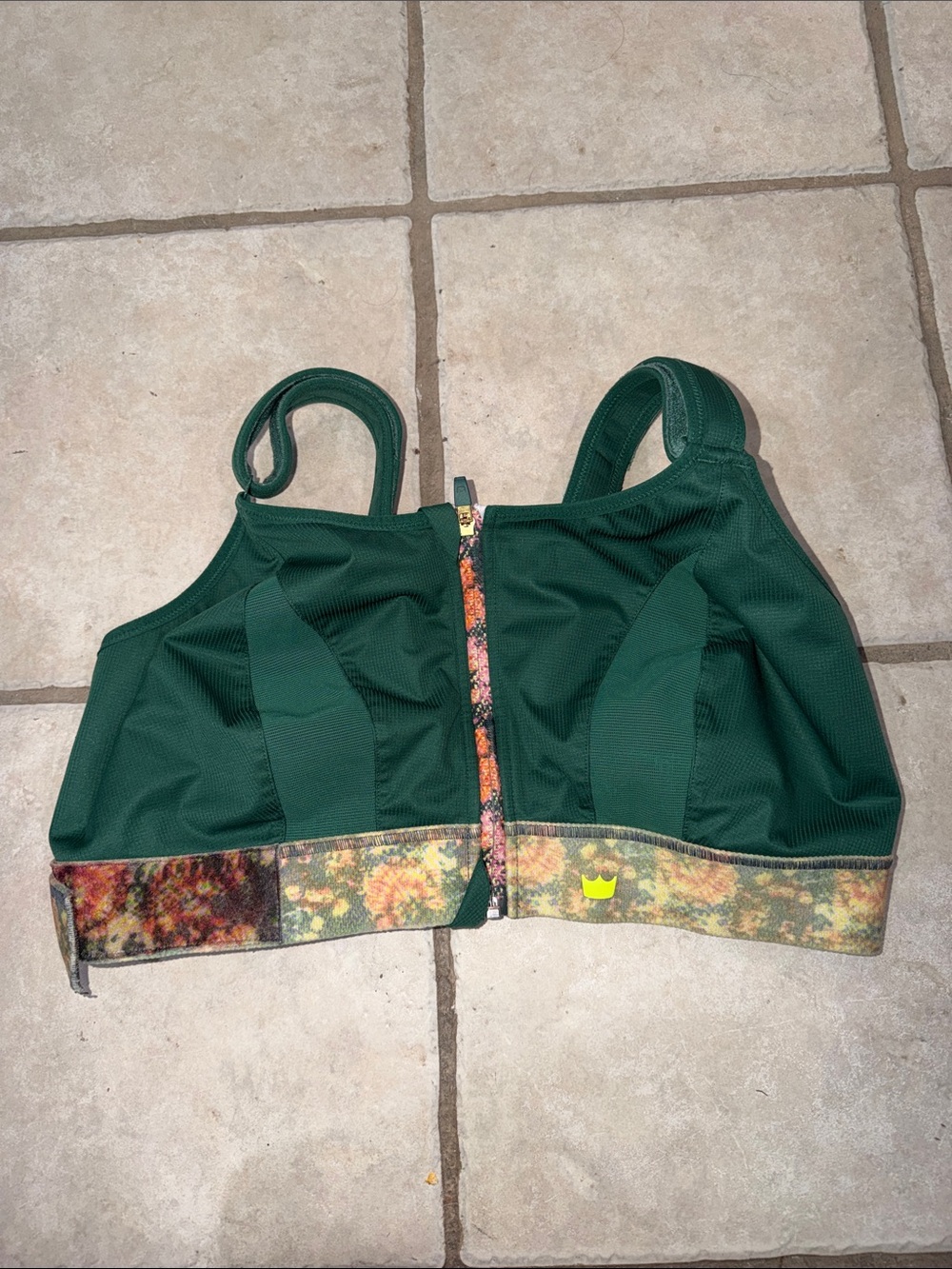 SHEFIT Forest Green Zip-Front Sports Bra with Floral Logo Band